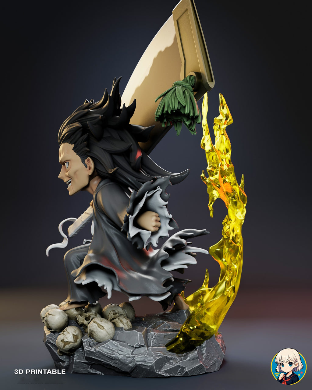 Sculptor's render (kit ships unpainted): side view from his left, with the long hair down his back, the fist through a torn sleeve and the flame curling up behind