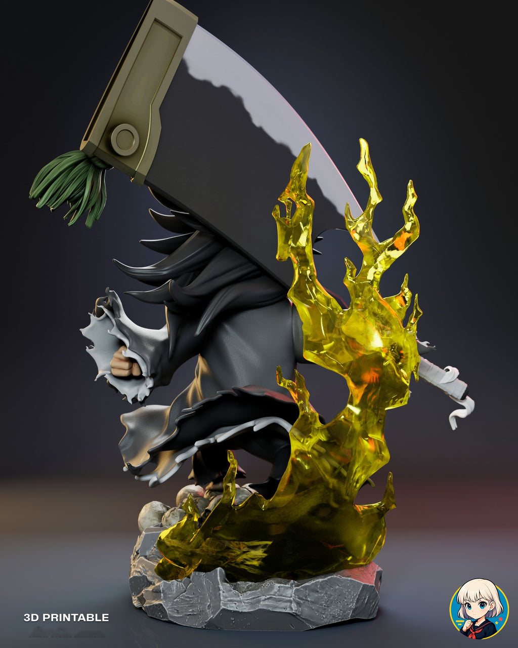 Sculptor's render (kit ships unpainted): back view, with the translucent yellow flame wrapping the back of the rock and the blade's spine and tassel above