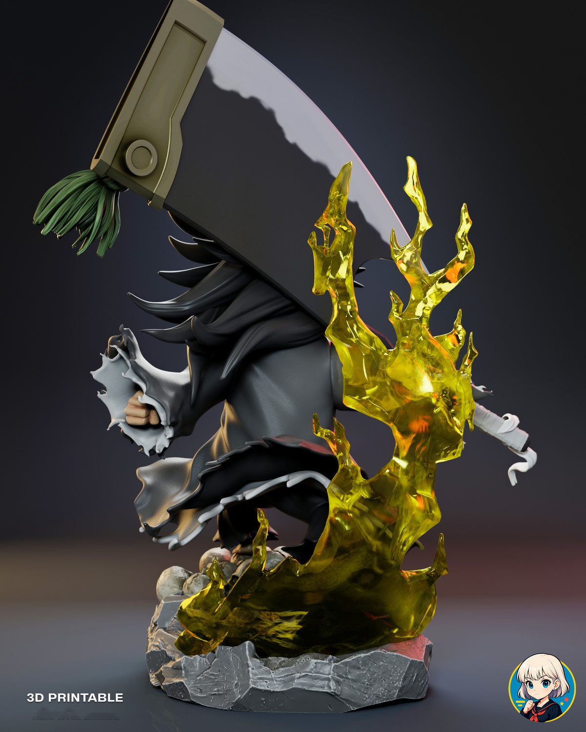Sculptor's render (kit ships unpainted): back view, with the translucent yellow flame wrapping the back of the rock and the blade's spine and tassel above