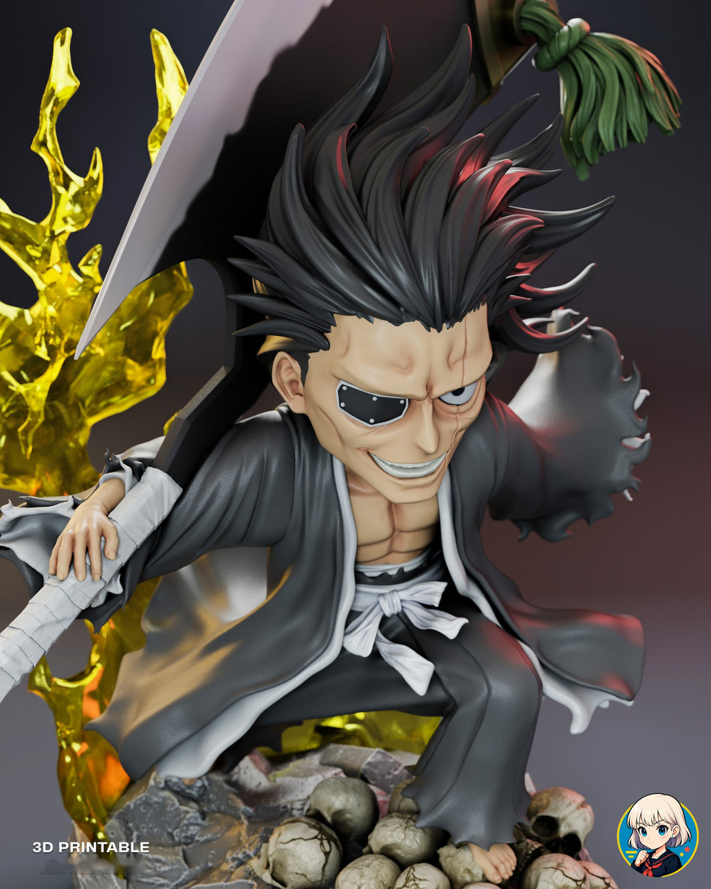 Sculptor's render (kit ships unpainted): high front view looking down on the hair spikes and the bare foot planted on the skull pile