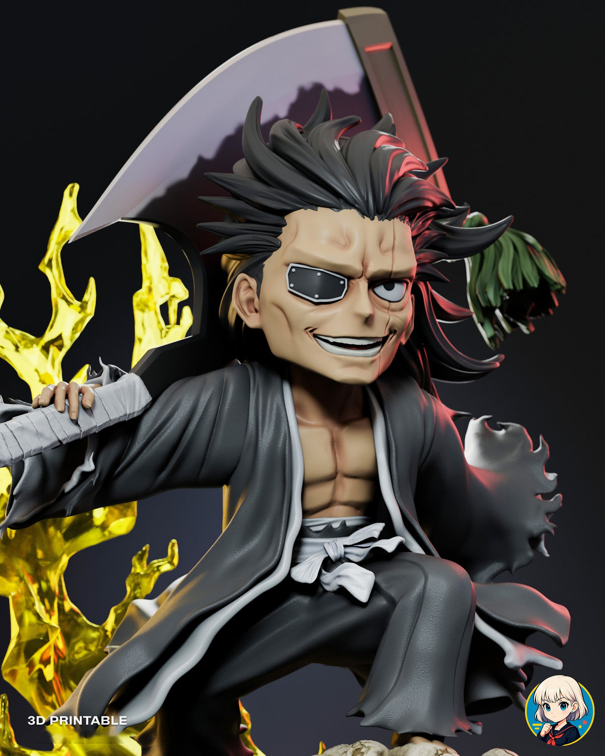 Sculptor's render (kit ships unpainted): closer front view of the grin, the open coat, the sash bow and the hand resting on the bandaged hilt