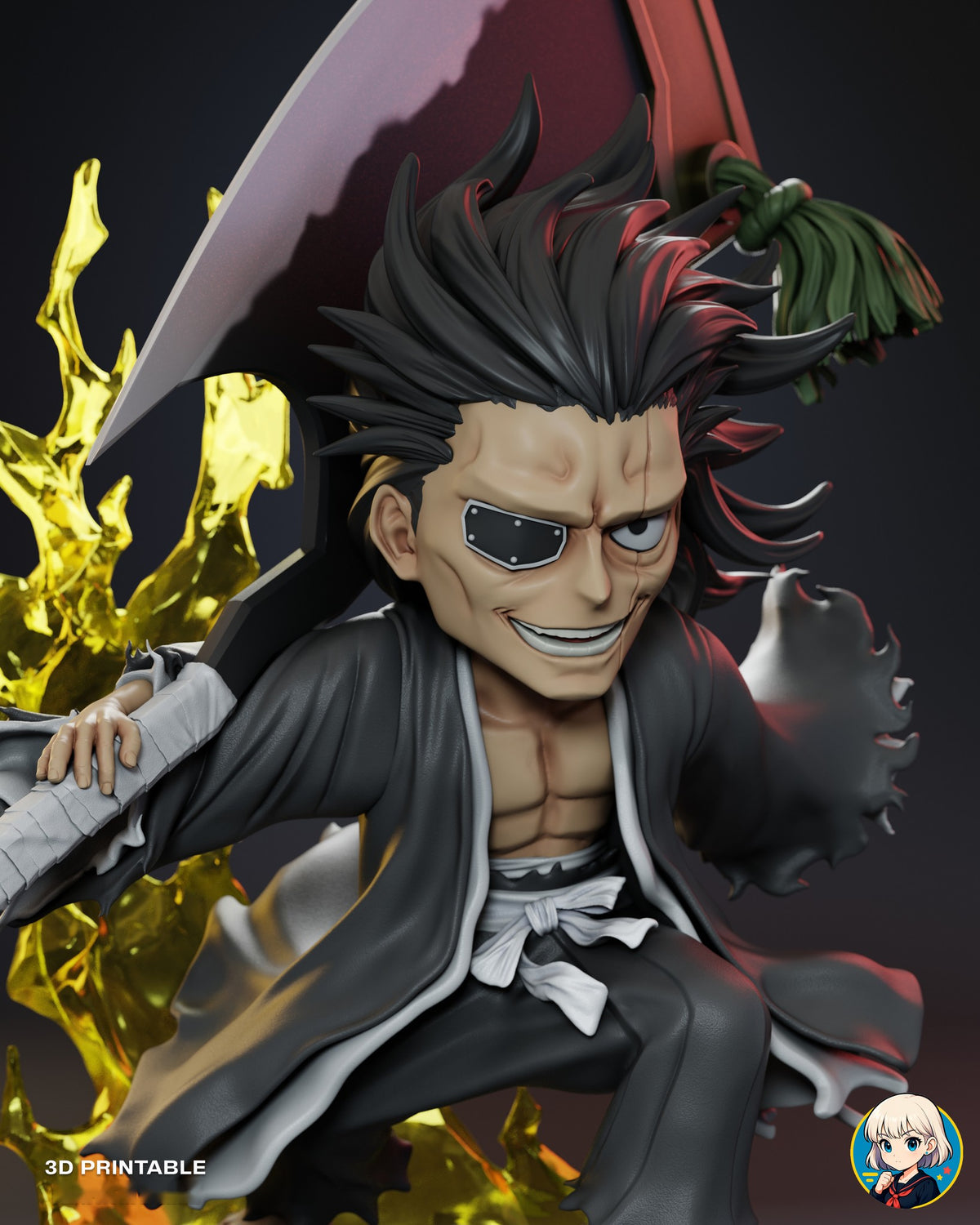 Sculptor's render (kit ships unpainted): close front view of the head and chest with the hand on the hilt and the tassel behind his head
