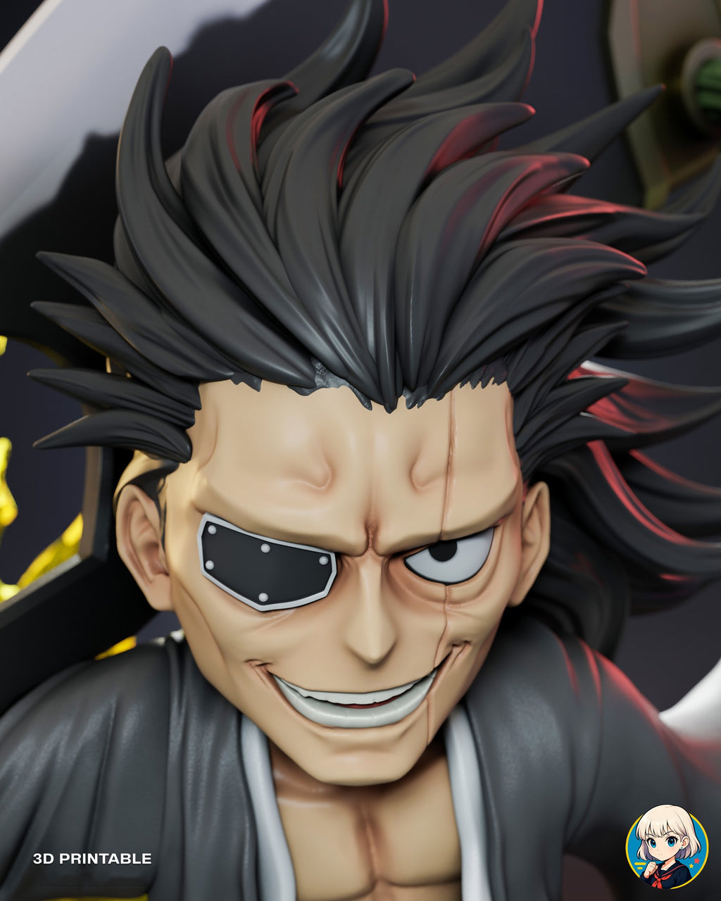 Sculptor's render (kit ships unpainted): close-up of the face with the riveted eyepatch, the long scar and the toothy grin