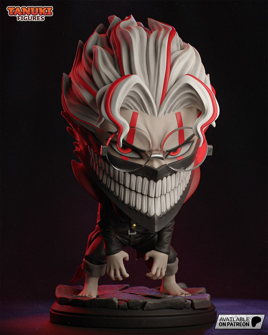 Sculptor's render of the painted design (kit ships unpainted): front view of the crouching chibi with white-and-red flame hair, round glasses and a huge toothy black mask, on a cracked stone base