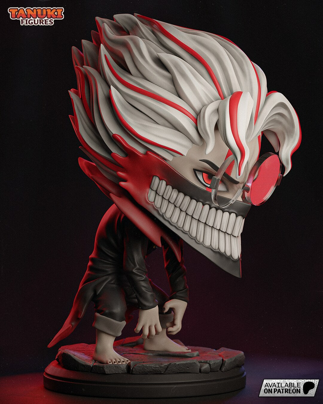 Sculptor's render (kit ships unpainted): side view with the oversized head leaning far forward over the crouched body