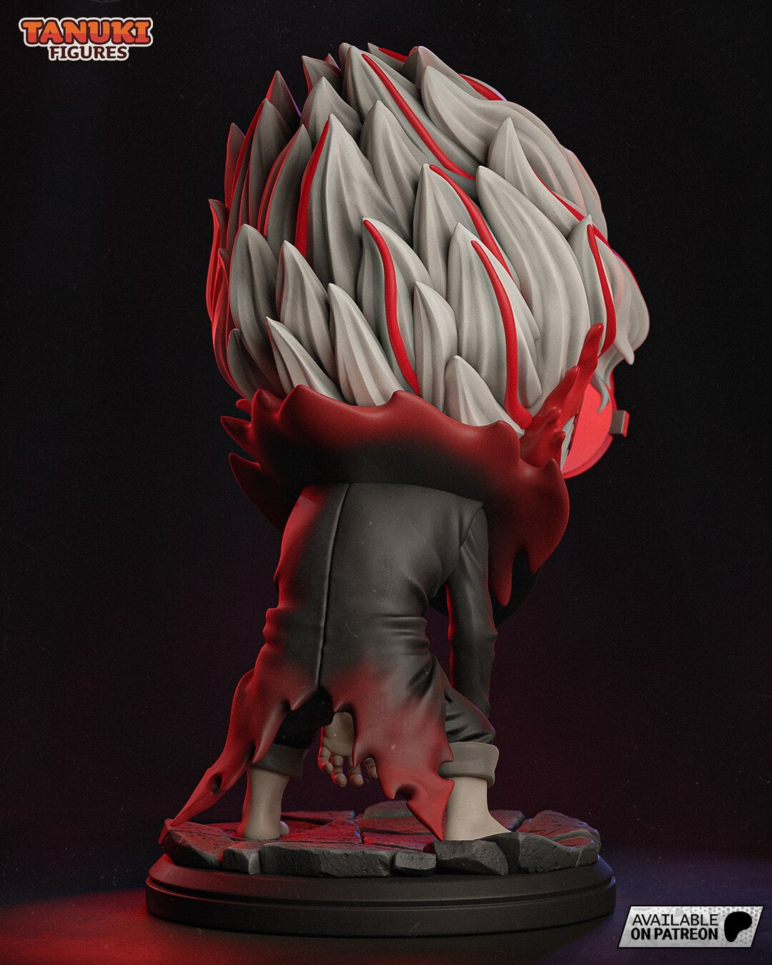 Sculptor's render (kit ships unpainted): back view of the spiky flame hair and the ragged red drape over the black jacket