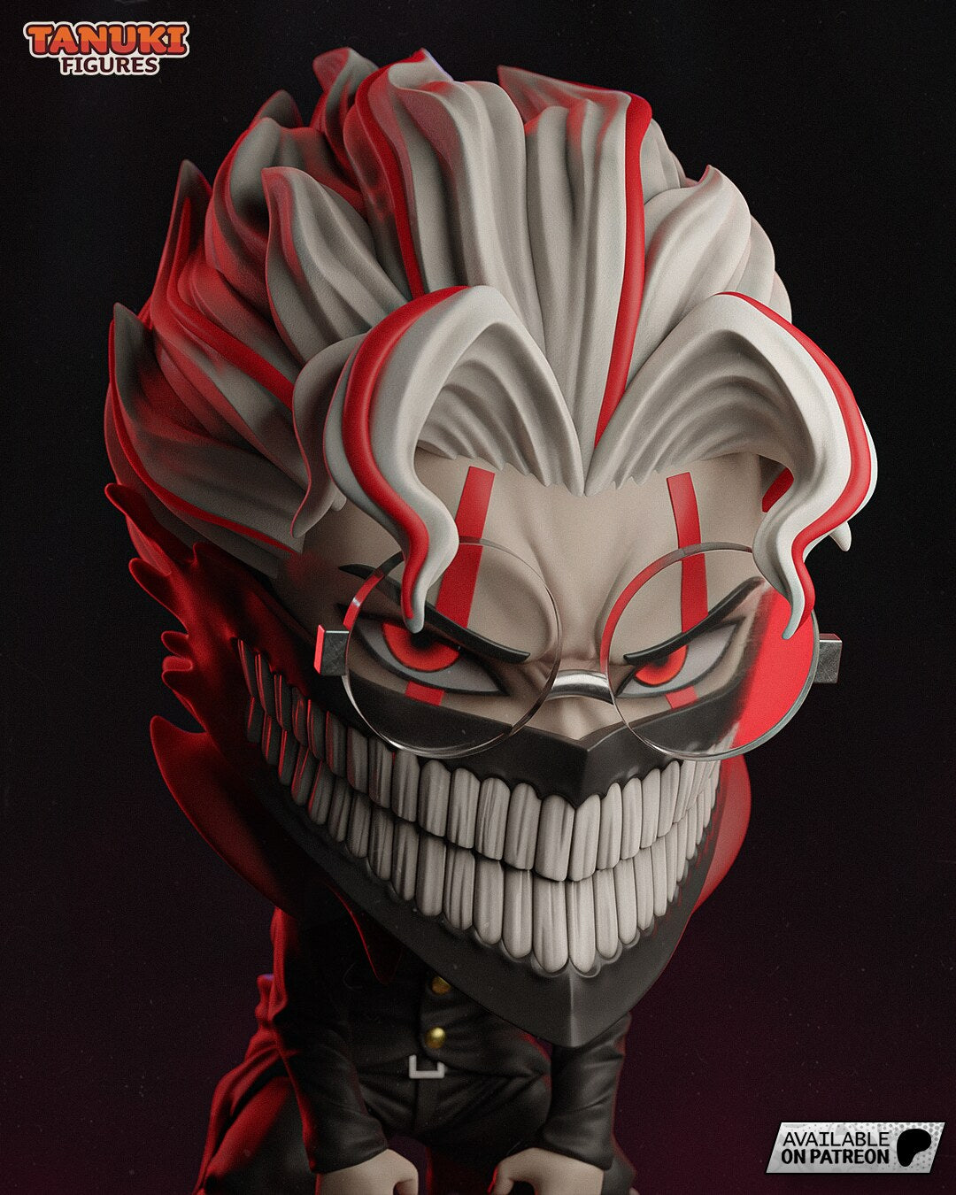 Sculptor's render (kit ships unpainted): close-up of the face: narrowed red eyes behind round glasses, red forehead stripes and two rows of teeth in the black mask