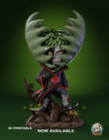 Sculptor's render of the painted design (kit ships unpainted): front view of the whole figure on the root base, his head framed by two large toothed green leaves