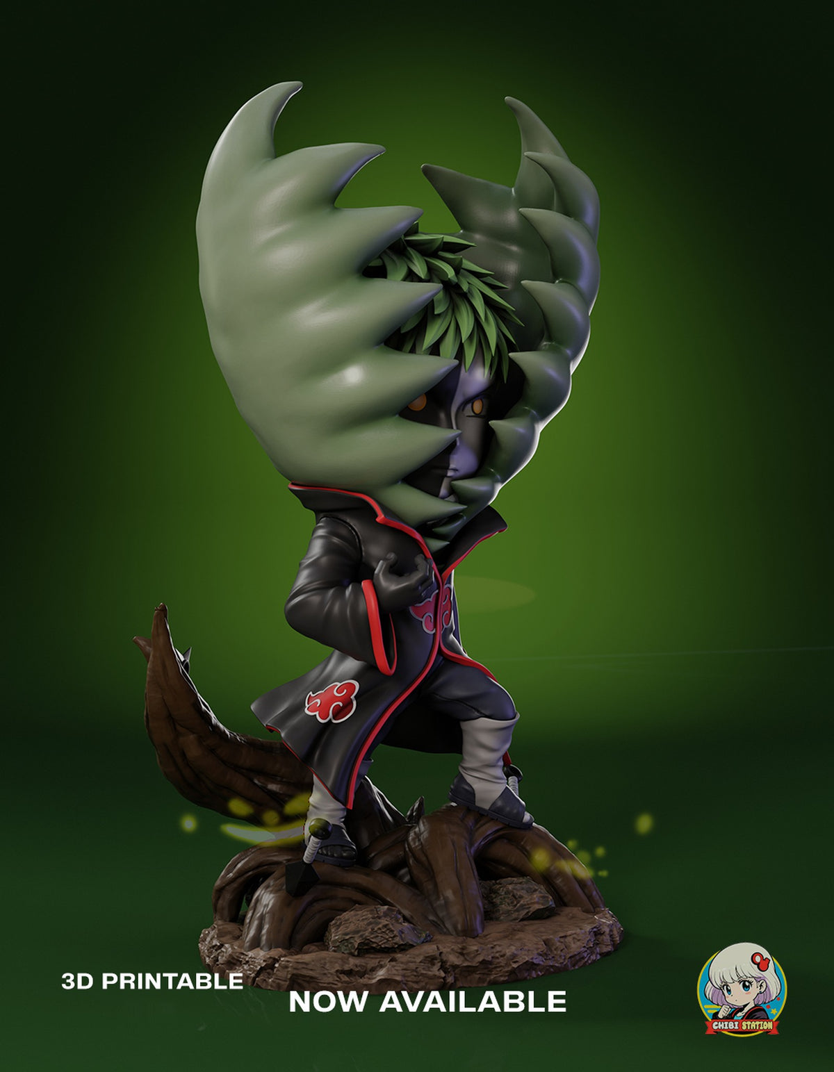 Sculptor's render (kit ships unpainted): three-quarter view from his right, with the leaves wrapping his head and the trunk rising behind him