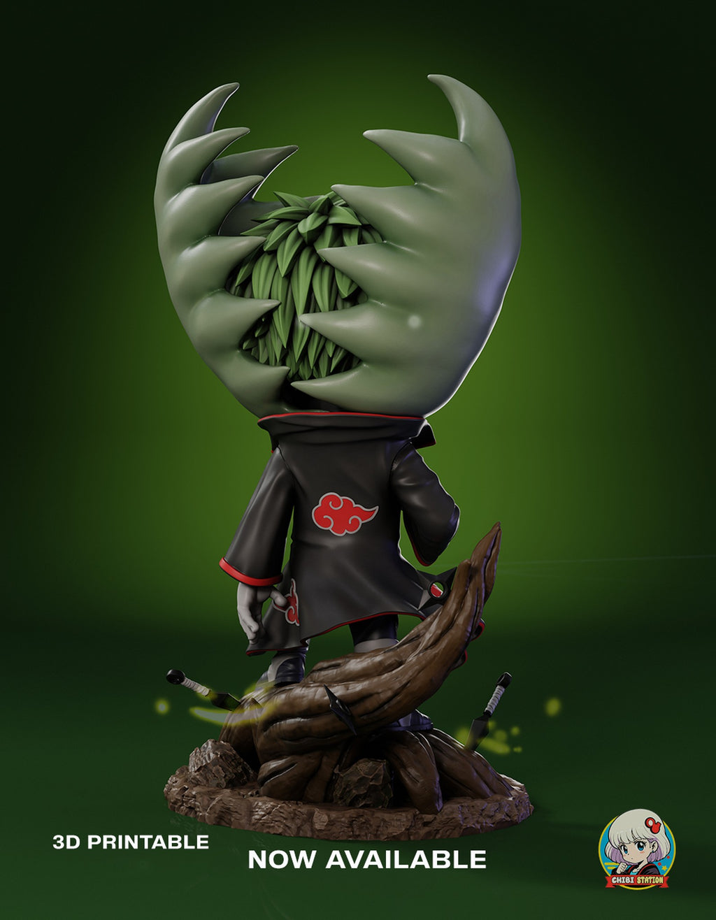 Sculptor's render (kit ships unpainted): back view with a red cloud emblem on the cloak, the leaves parted over the leafy hair and the trunk curving across the base