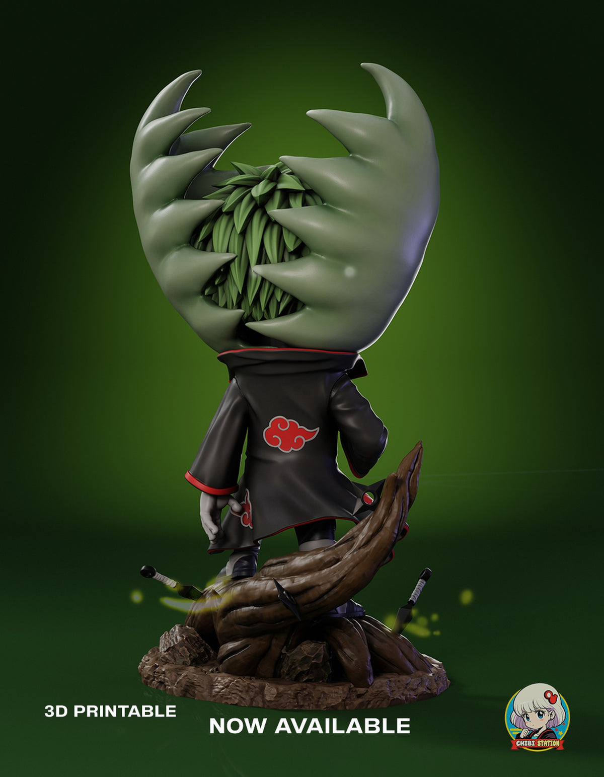 Sculptor's render (kit ships unpainted): back view with a red cloud emblem on the cloak, the leaves parted over the leafy hair and the trunk curving across the base
