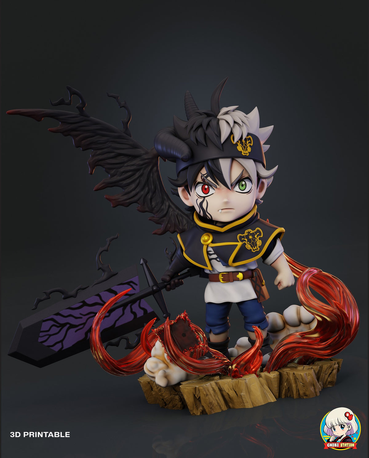 Sculptor's render of the painted design (kit ships unpainted): three-quarter front view of the horned look, holding the giant sword on the rock base in red flame swirls, with the torn black wing behind him
