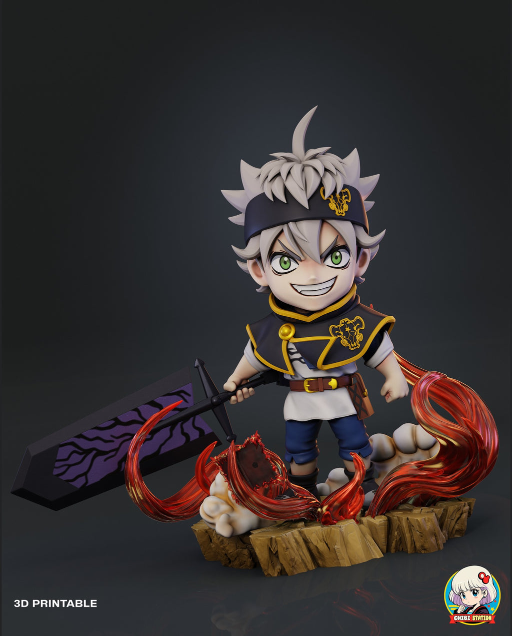 Sculptor's render (kit ships unpainted): the same view of the grinning look, with pale gray spiky hair and no wing or horns