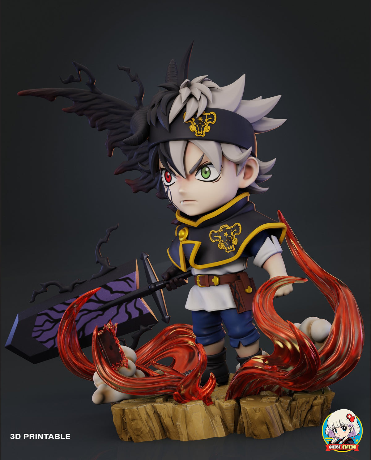 Sculptor's render (kit ships unpainted): horned look from his left front, with the laced pouch, the full face of the blade and the burning book