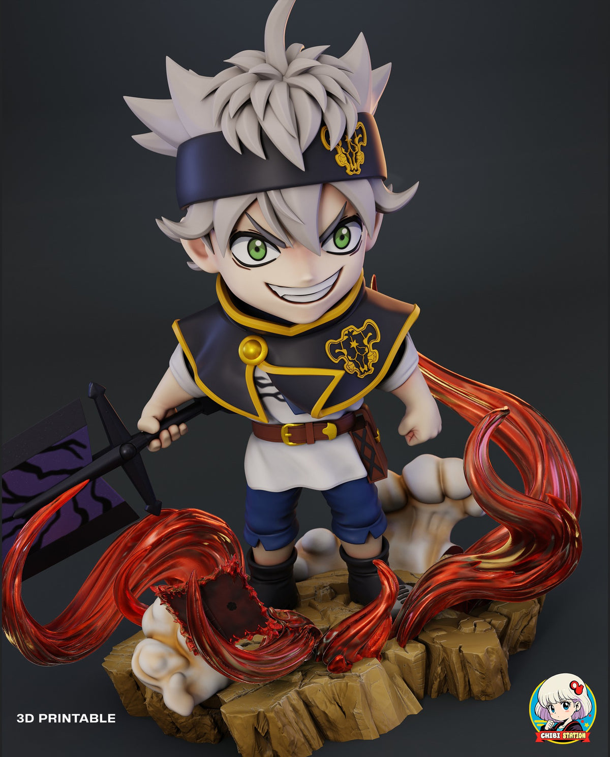 Sculptor's render (kit ships unpainted): high front view of the grinning look looking down on the cracked rock, dust clouds and flame swirls