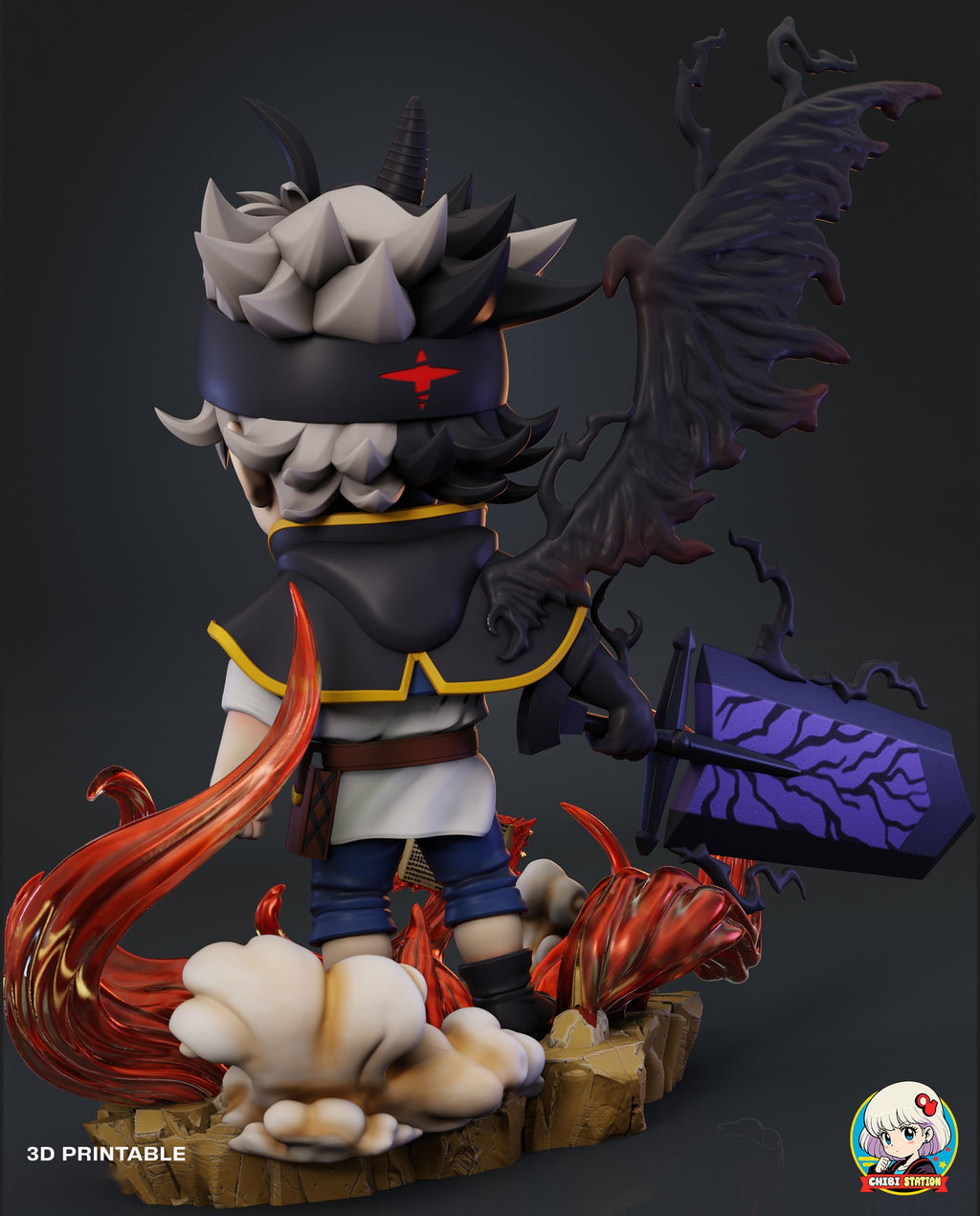 Sculptor's render (kit ships unpainted): back view of the horned look with the wing joined at the shoulder, the red star on the back of the headband and dust clouds at the rear of the base