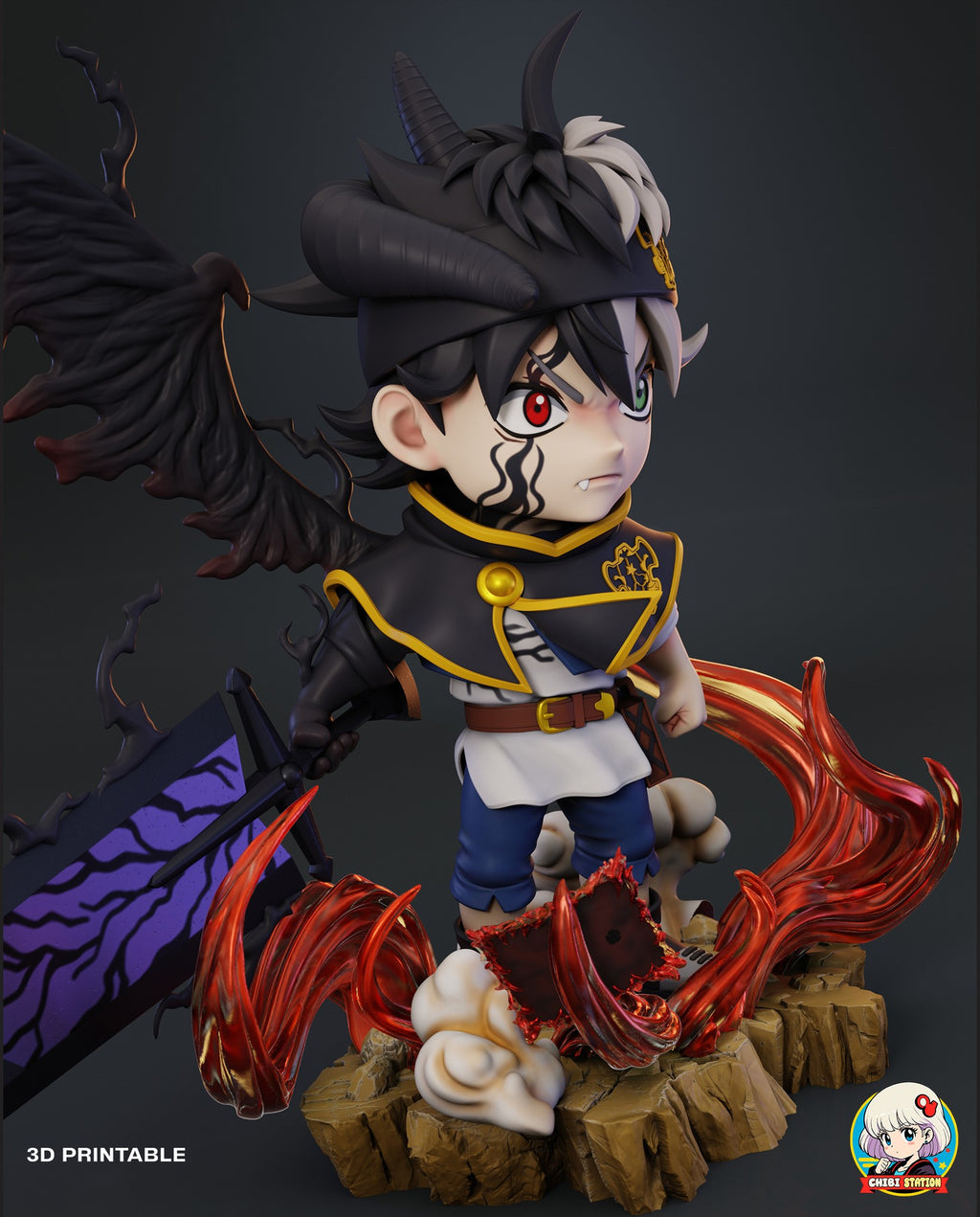 Sculptor's render (kit ships unpainted): horned look from his right side, showing the curled horn and the sword guard