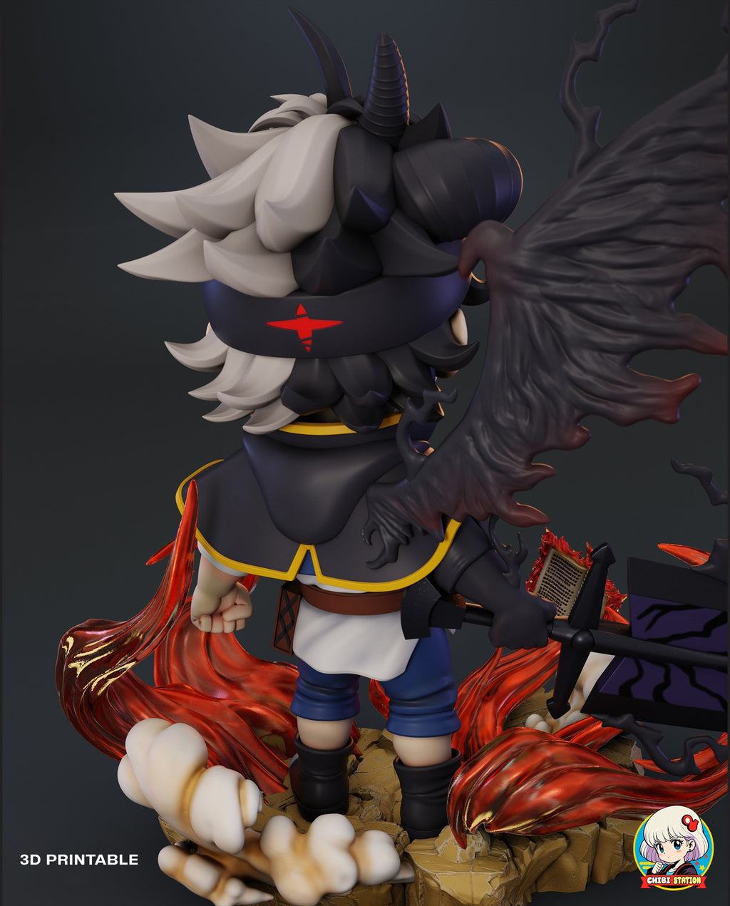 Sculptor's render (kit ships unpainted): high rear view of the horned look with the two-tone hair, the horns and the textured wing