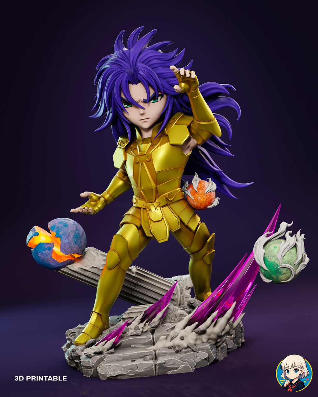 Sculptor's render of the painted design (kit ships unpainted): built with the bare head: gold armor with a long blue-violet mane, in a wide stance on the cracked stone base with three planets, a fallen column and magenta crystals