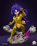 Sculptor's render of the painted design (kit ships unpainted): built with the bare head: gold armor with a long blue-violet mane, in a wide stance on the cracked stone base with three planets, a fallen column and magenta crystals
