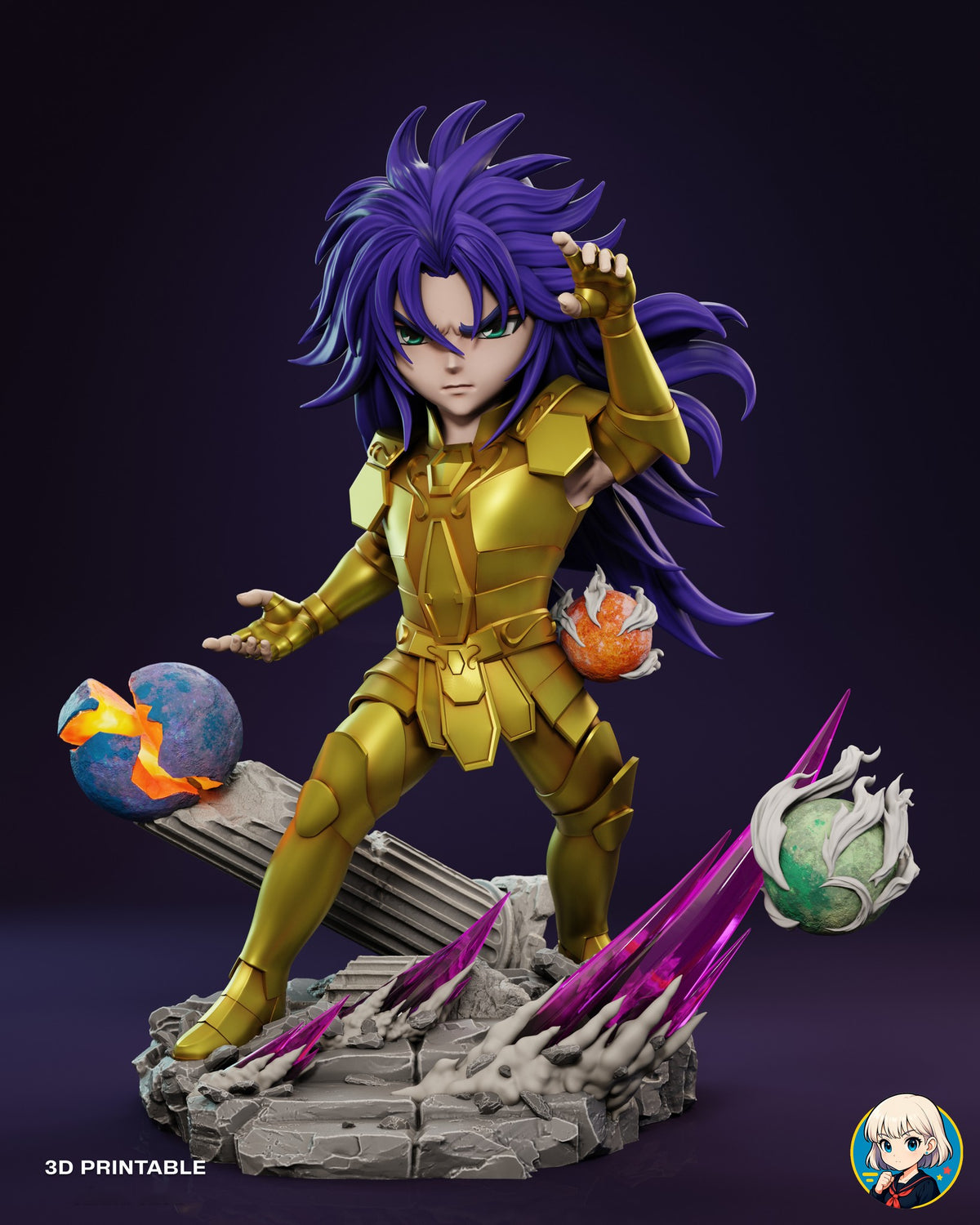 Sculptor's render (kit ships unpainted): front view of the whole figure and diorama base