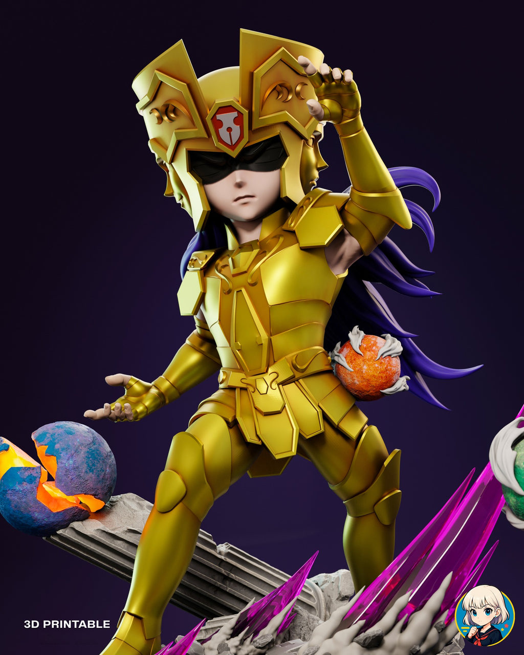 Sculptor's render (kit ships unpainted): built with the finned helmet, from the knees up, one hand raised to the finned helmet, with the cracked planet and crystals