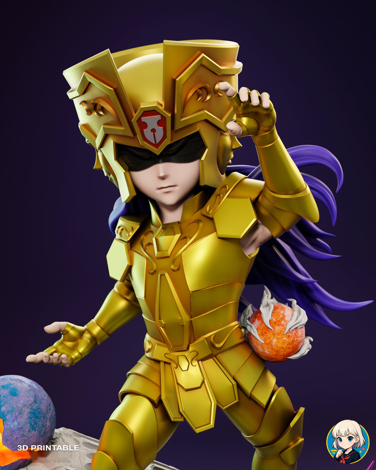 Sculptor's render (kit ships unpainted): built with the finned helmet, from the thighs up, one hand at the helmet and the other held out palm up beside the small orange planet