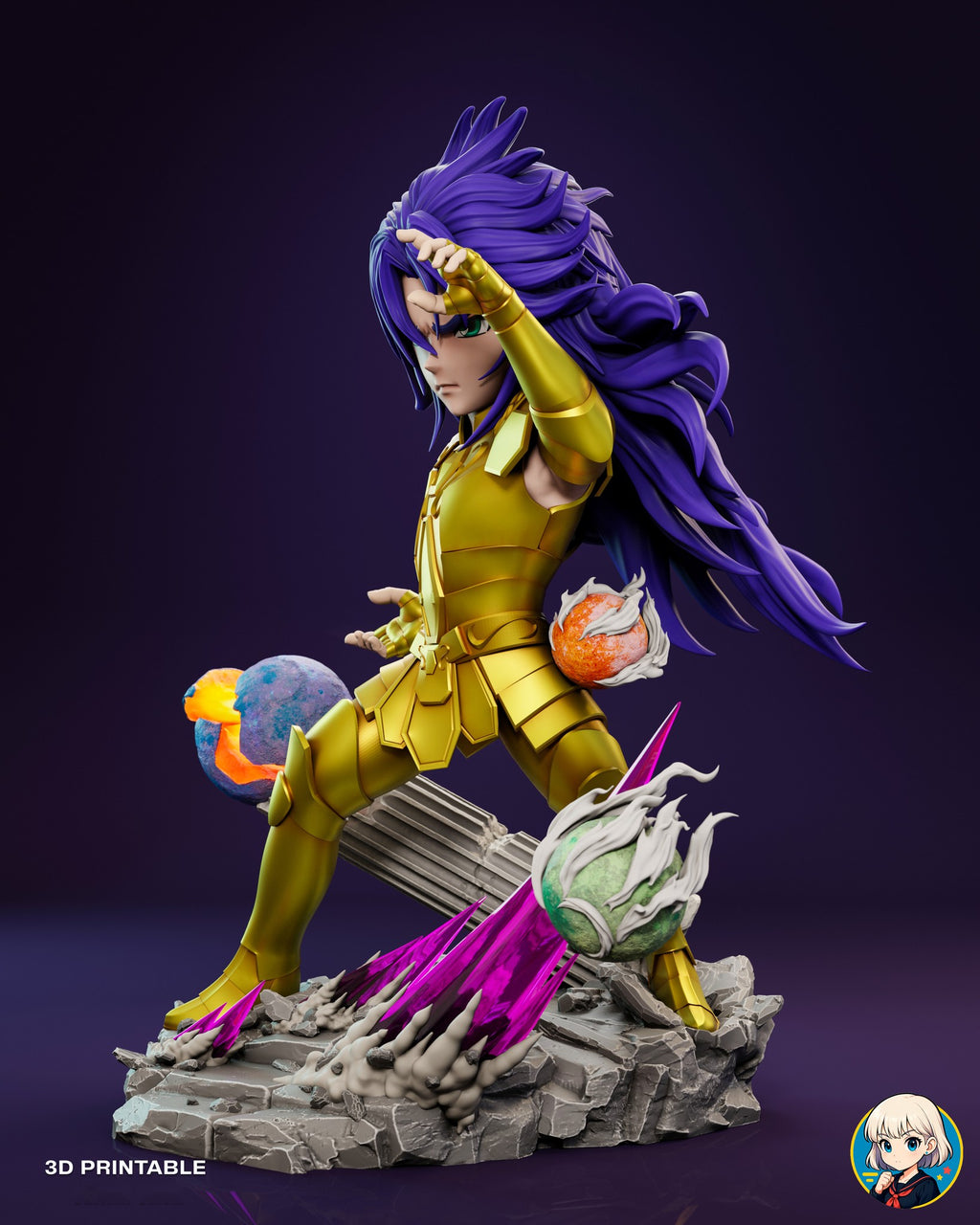 Sculptor's render (kit ships unpainted): side view on the stone base with the long hair streaming behind him and the tall crystal leaning toward the green planet