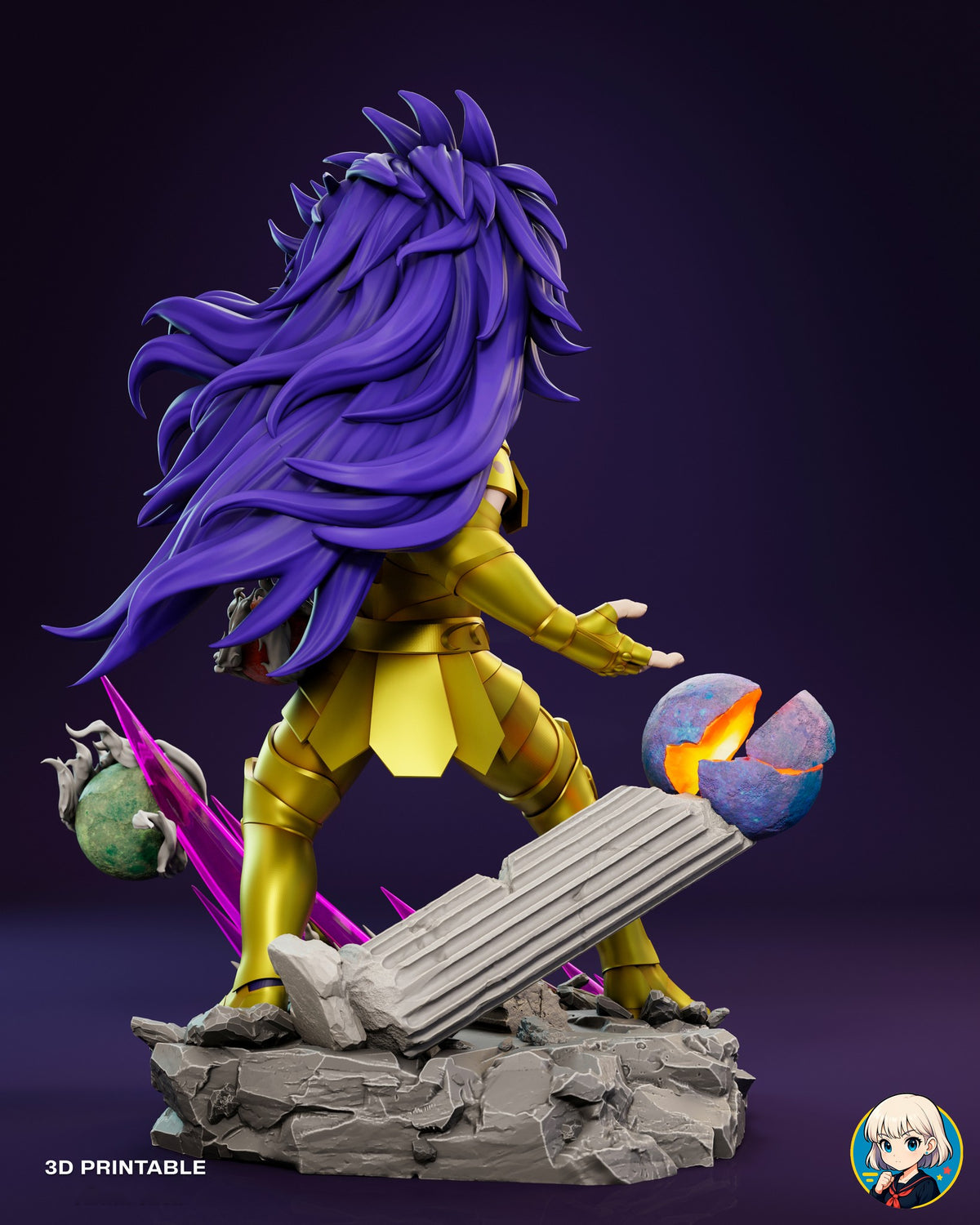 Sculptor's render (kit ships unpainted): back three-quarter view of the mane and the toppled column topped by the cracked glowing planet