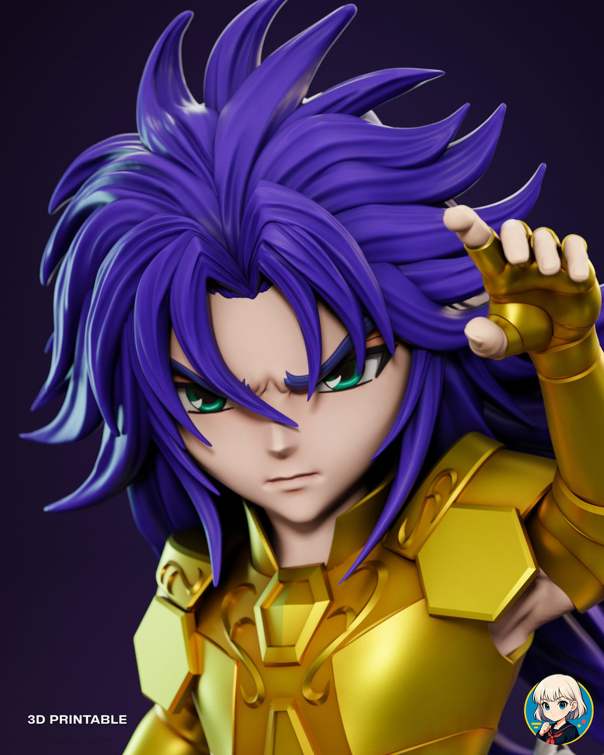 Sculptor's render (kit ships unpainted): close-up of the frowning face with green eyes under the spiky blue-violet mane