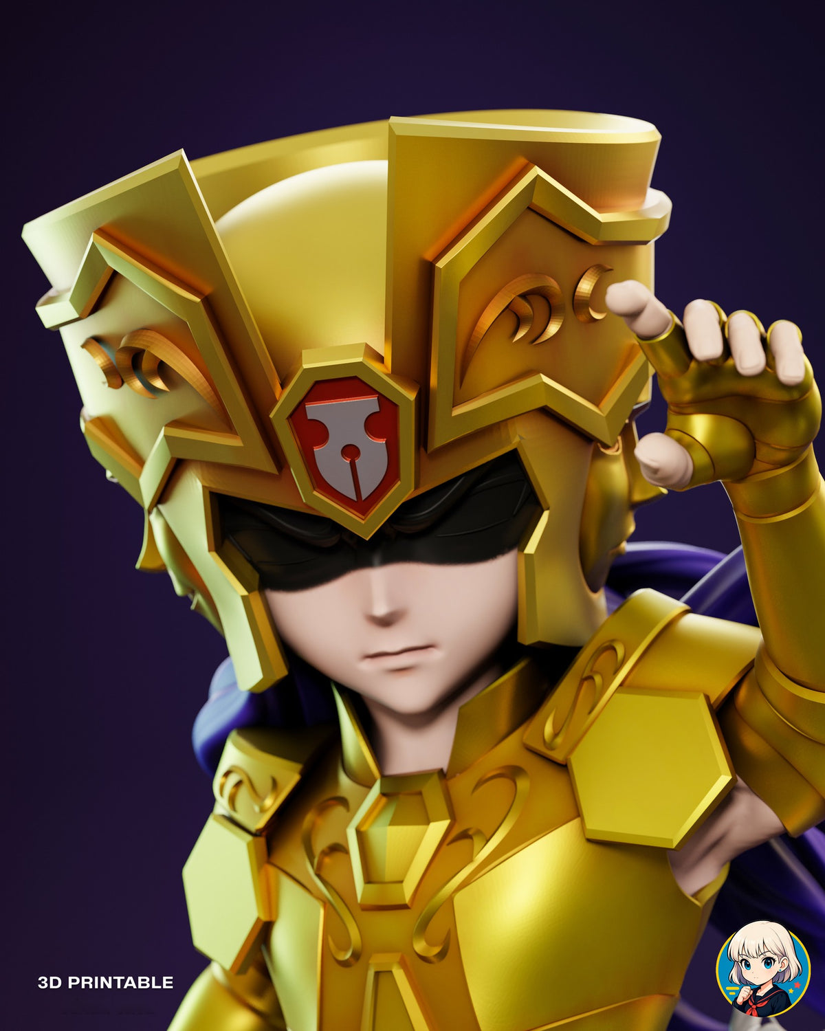 Sculptor's render (kit ships unpainted): close-up of the gold helmet with its swept fins and the red gem at the brow