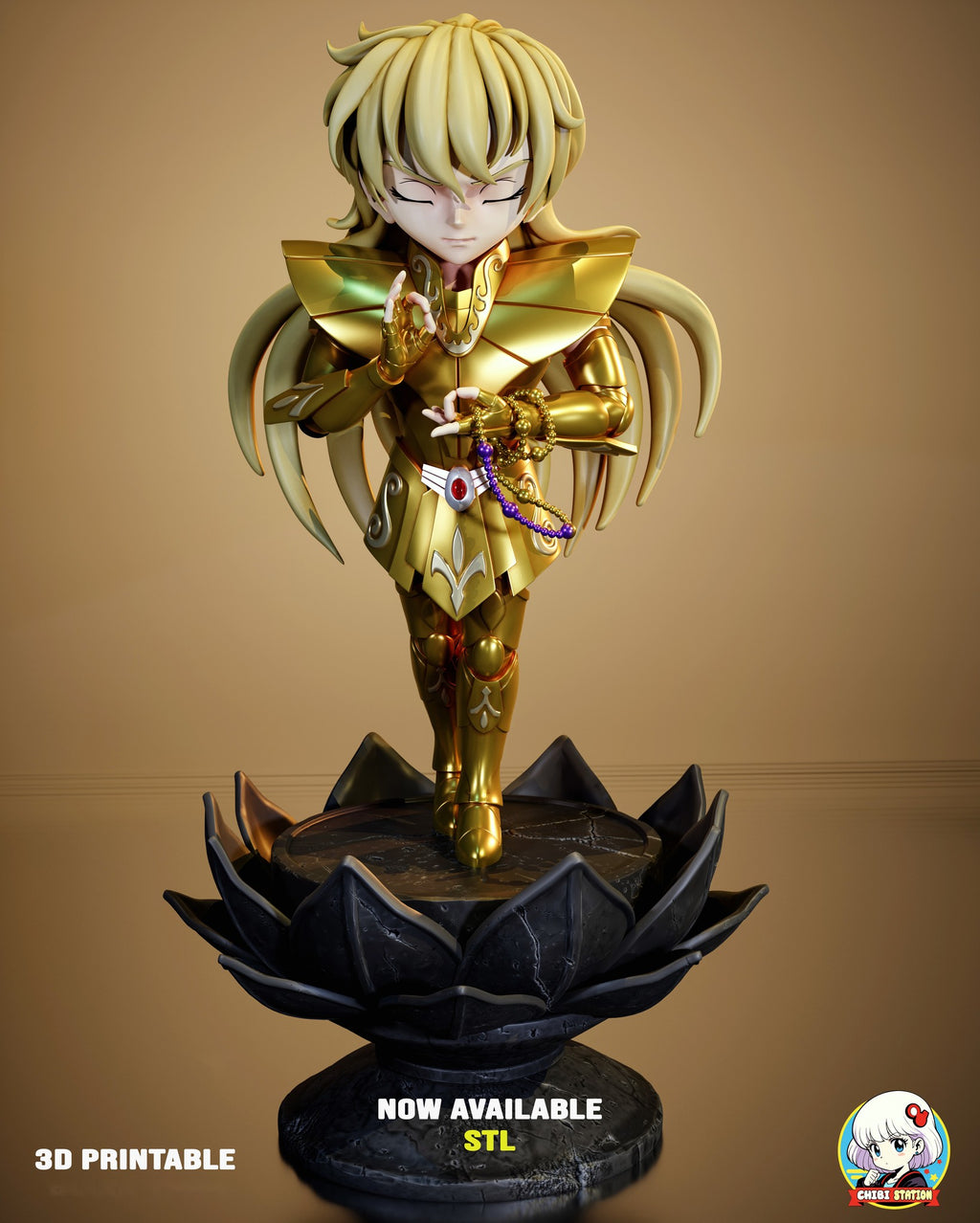 Sculptor's render of the painted design (kit ships unpainted): full front view of the gold-armored warrior standing with eyes closed on the black stone lotus base, long blond locks fanning out behind his shoulders