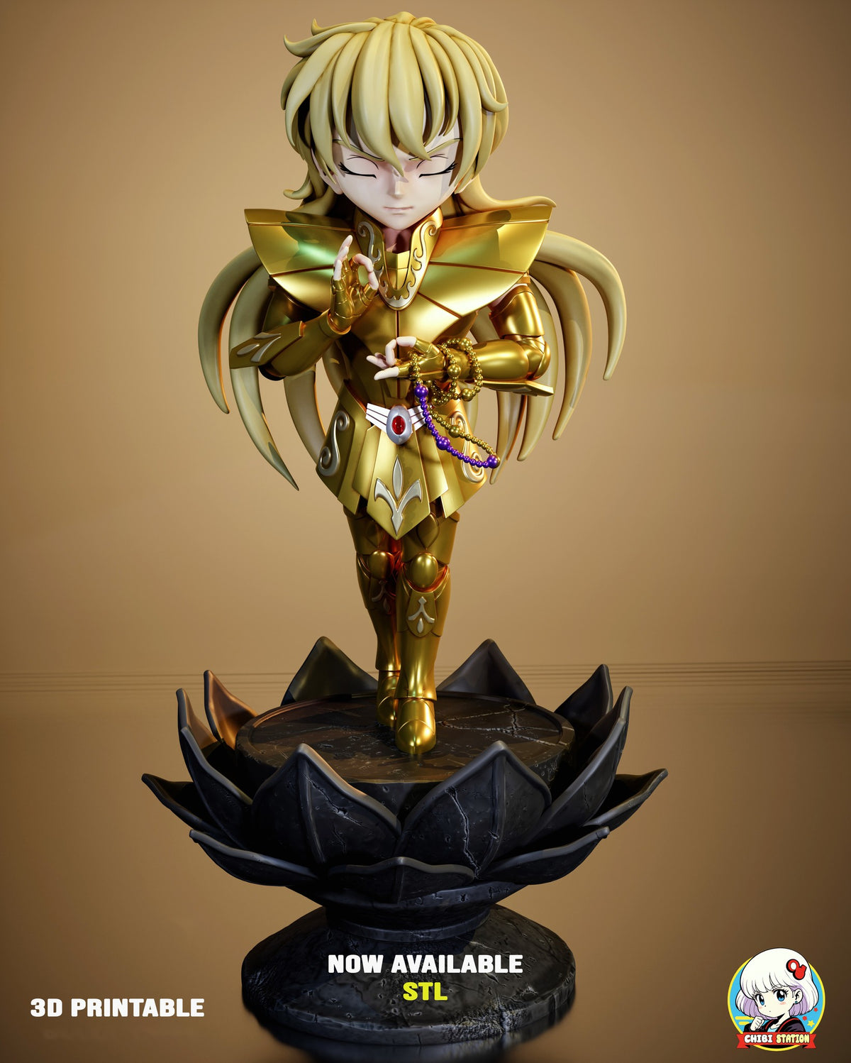 Sculptor's render of the painted design (kit ships unpainted): full front view of the gold-armored warrior standing with eyes closed on the black stone lotus base, long blond locks fanning out behind his shoulders