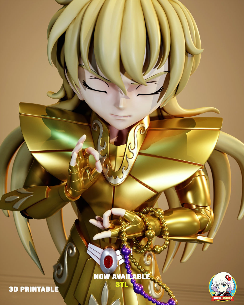 Sculptor's render (kit ships unpainted): close-up from the chest up with the closed eyes, the raised hand, the silver collar scrolls, the red belt gem and the gold and violet bead strands