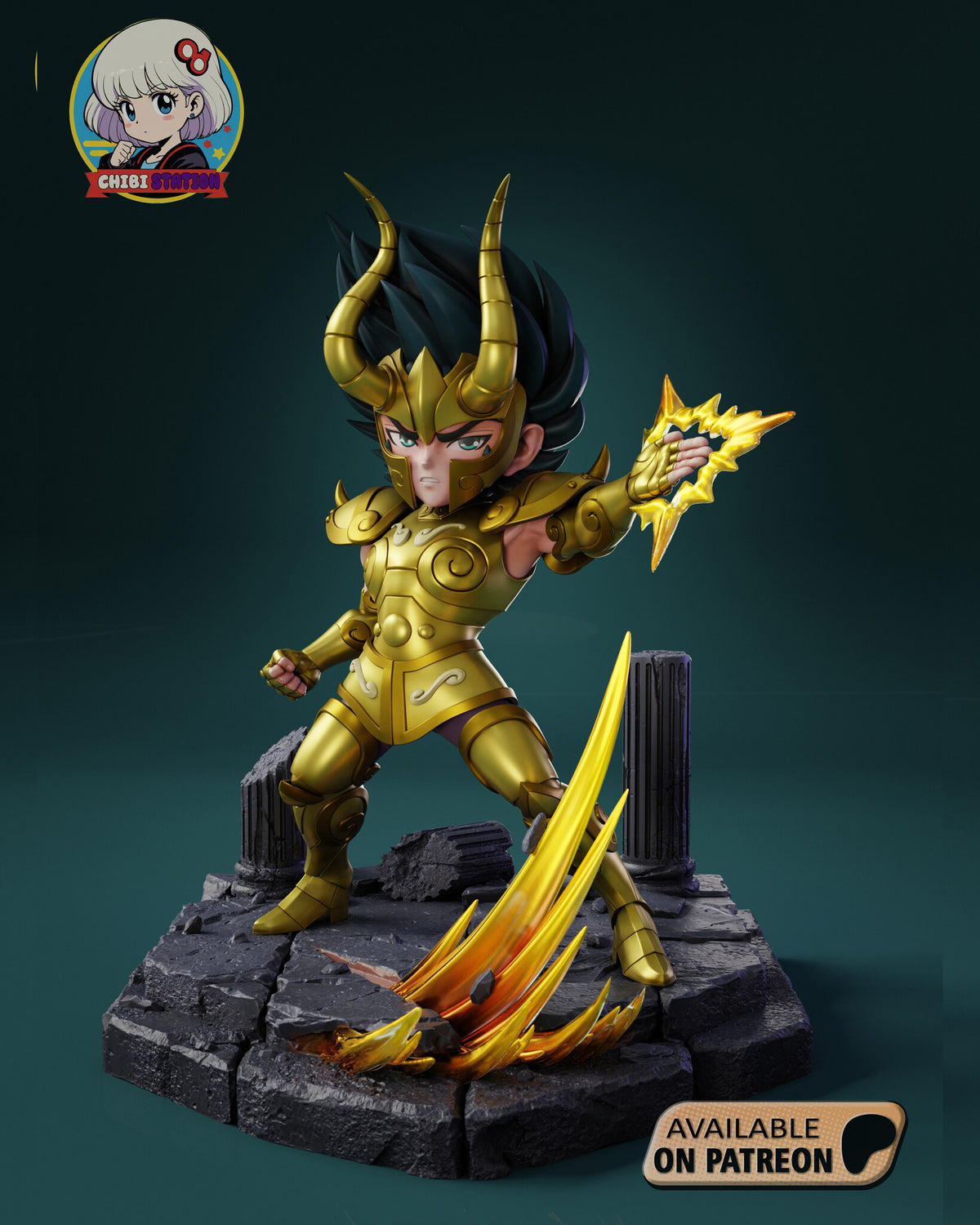 Sculptor's render of the painted design (kit ships unpainted): three-quarter front view with the open helmet, the gold-armored warrior lunging over energy blades on the cracked stone floor with columns behind