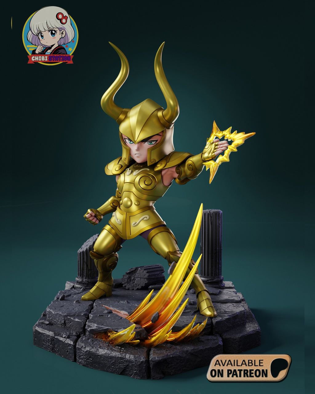 Sculptor's render (kit ships unpainted): the same view with the closed horned helmet
