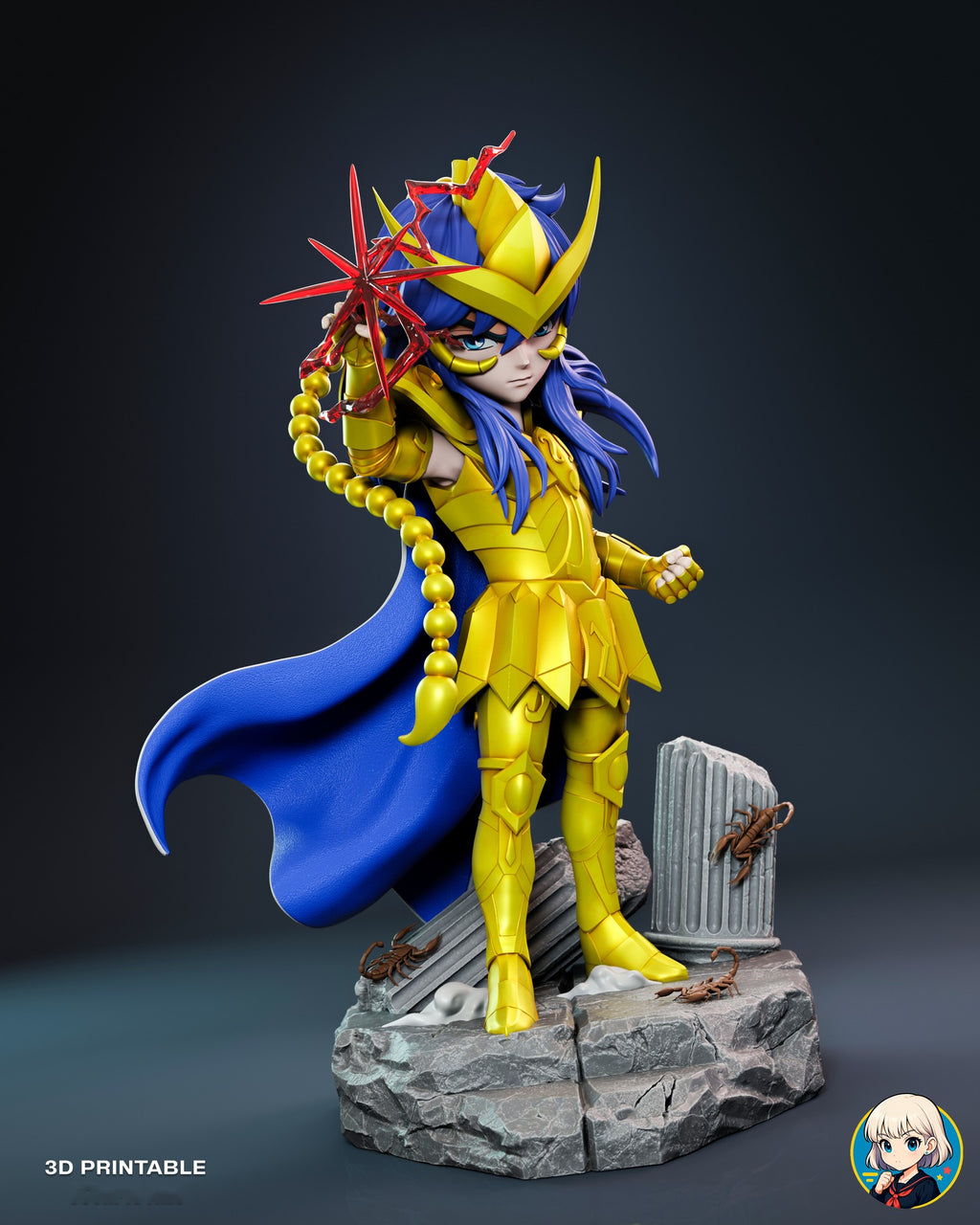 Sculptor's render (kit ships unpainted): closer front view with the skirt plates, knee plates and all three scorpions