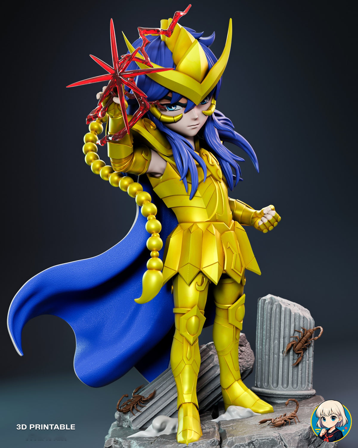 Sculptor's render (kit ships unpainted): large front view with the blue-lined cape flaring and a scorpion on the standing column