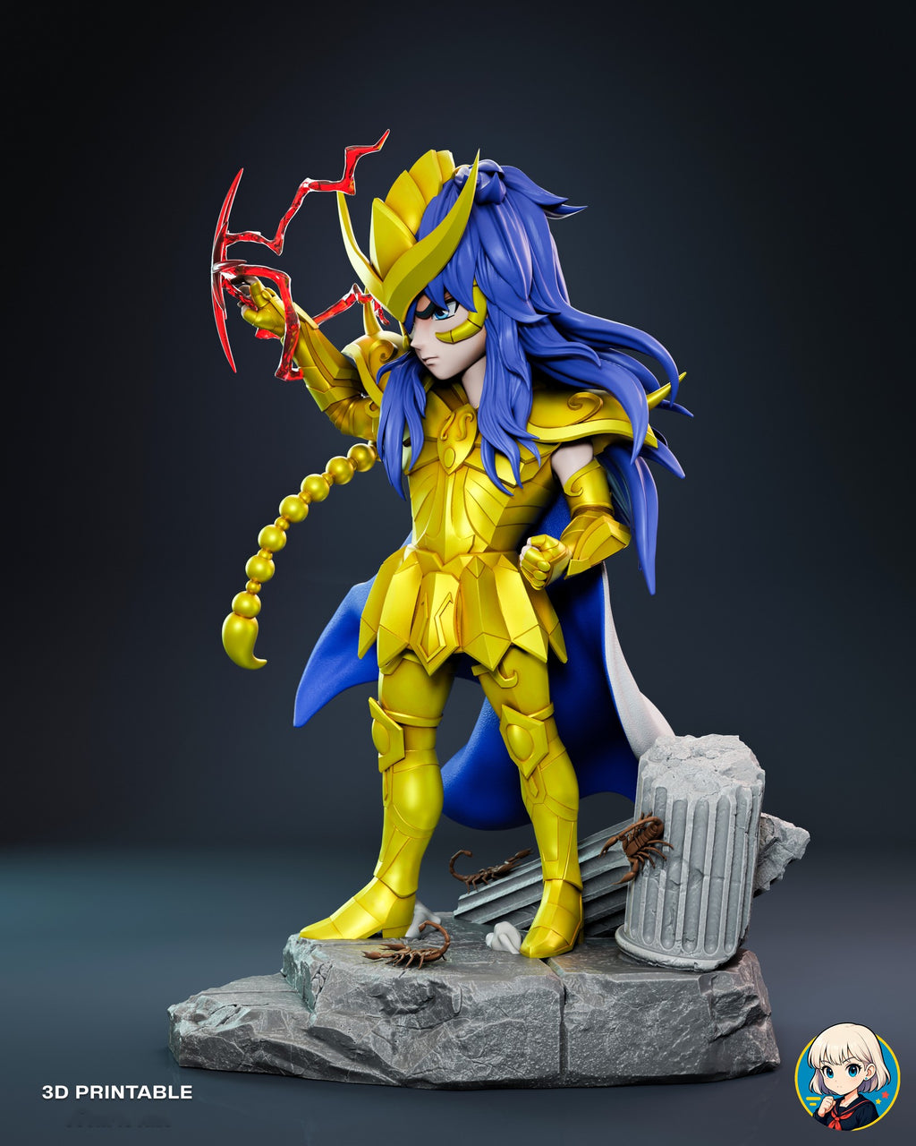 Sculptor's render (kit ships unpainted): view from his left with the clenched fist, shoulder spikes and long blue hair