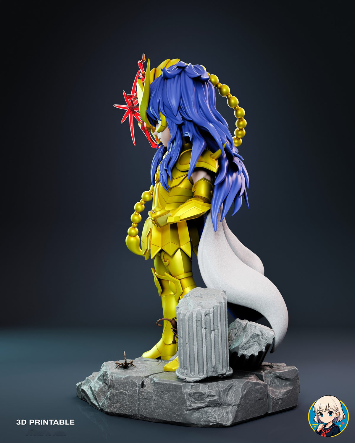 Sculptor's render (kit ships unpainted): left profile with the bead tail arcing off the helmet and the white cape trailing behind