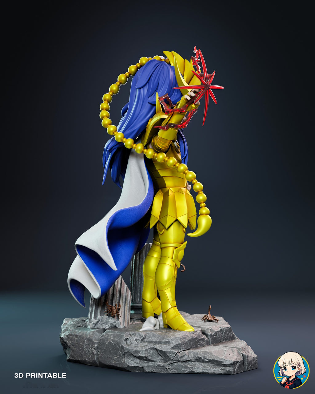 Sculptor's render (kit ships unpainted): rear three-quarter view showing the whole loop of the bead tail and the two-tone cape fold