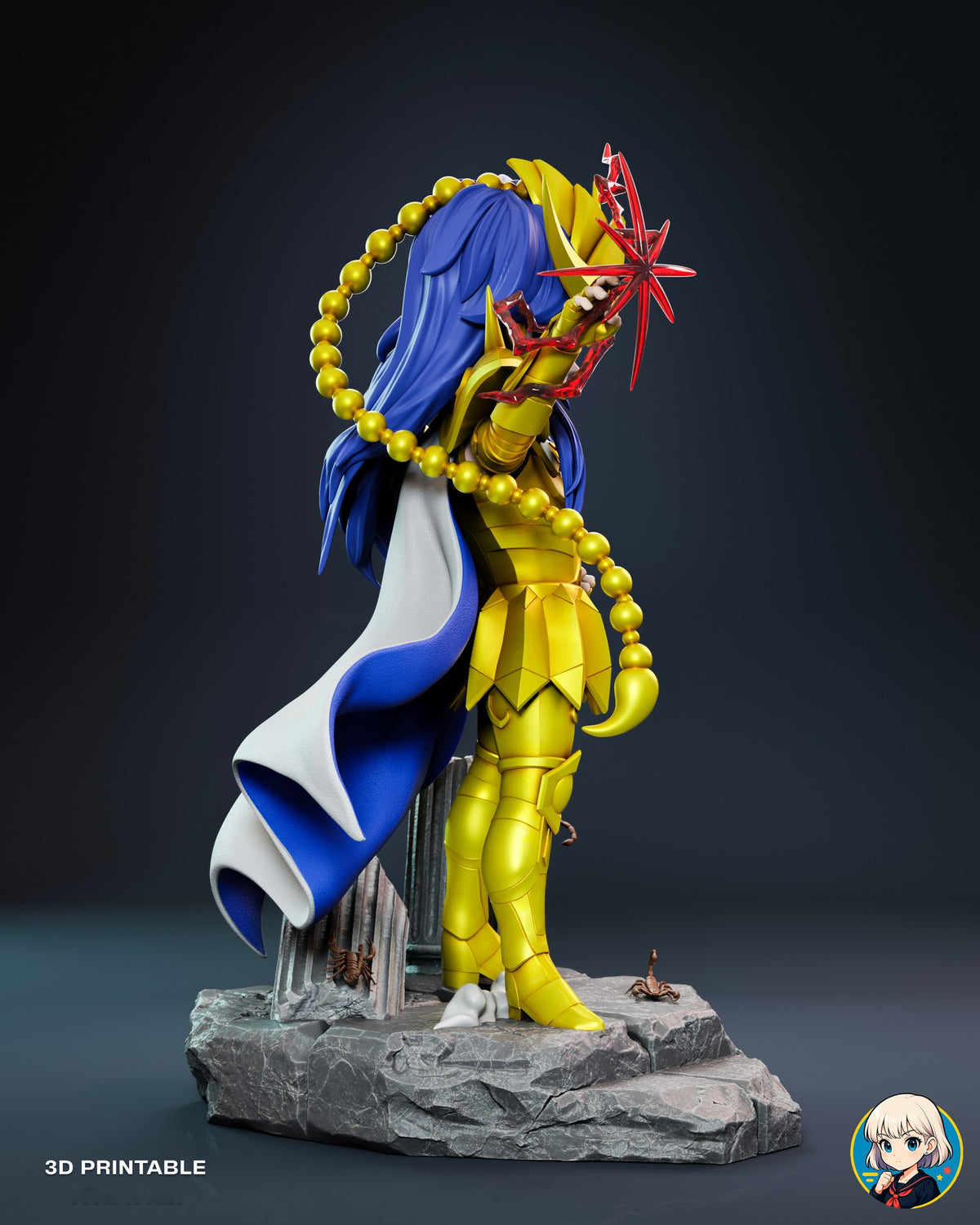 Sculptor's render (kit ships unpainted): rear three-quarter view showing the whole loop of the bead tail and the two-tone cape fold