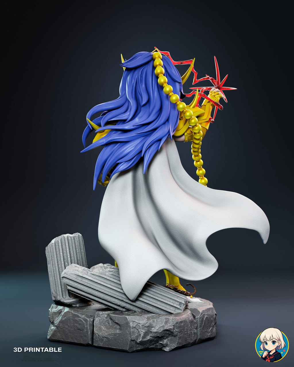 Sculptor's render (kit ships unpainted): back view of the long hair, white cape and both columns