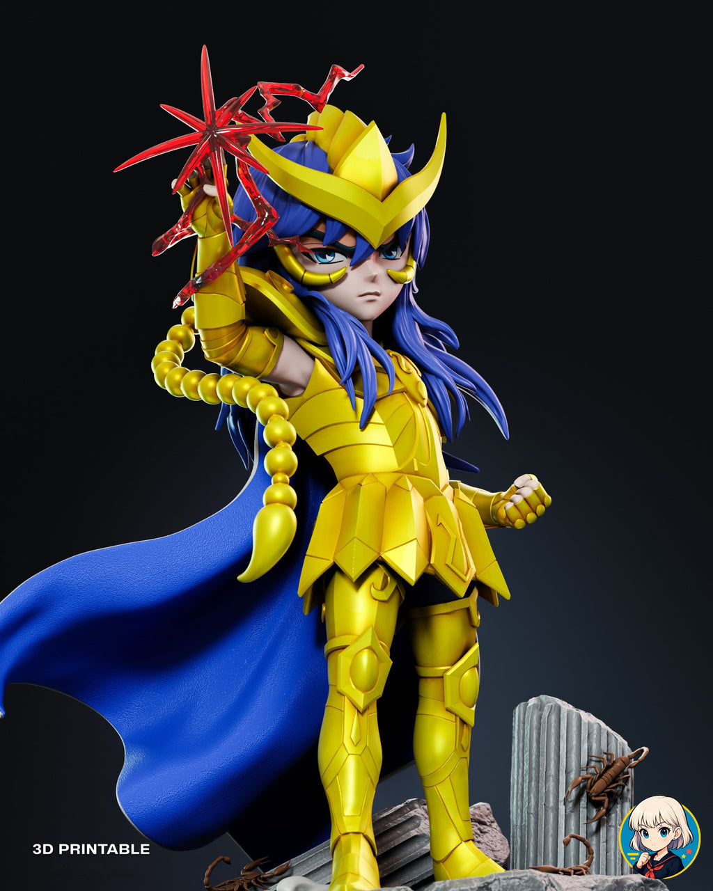 Sculptor's render (kit ships unpainted): low front view of the raised arm wrapped in red lightning and the blue cape lining