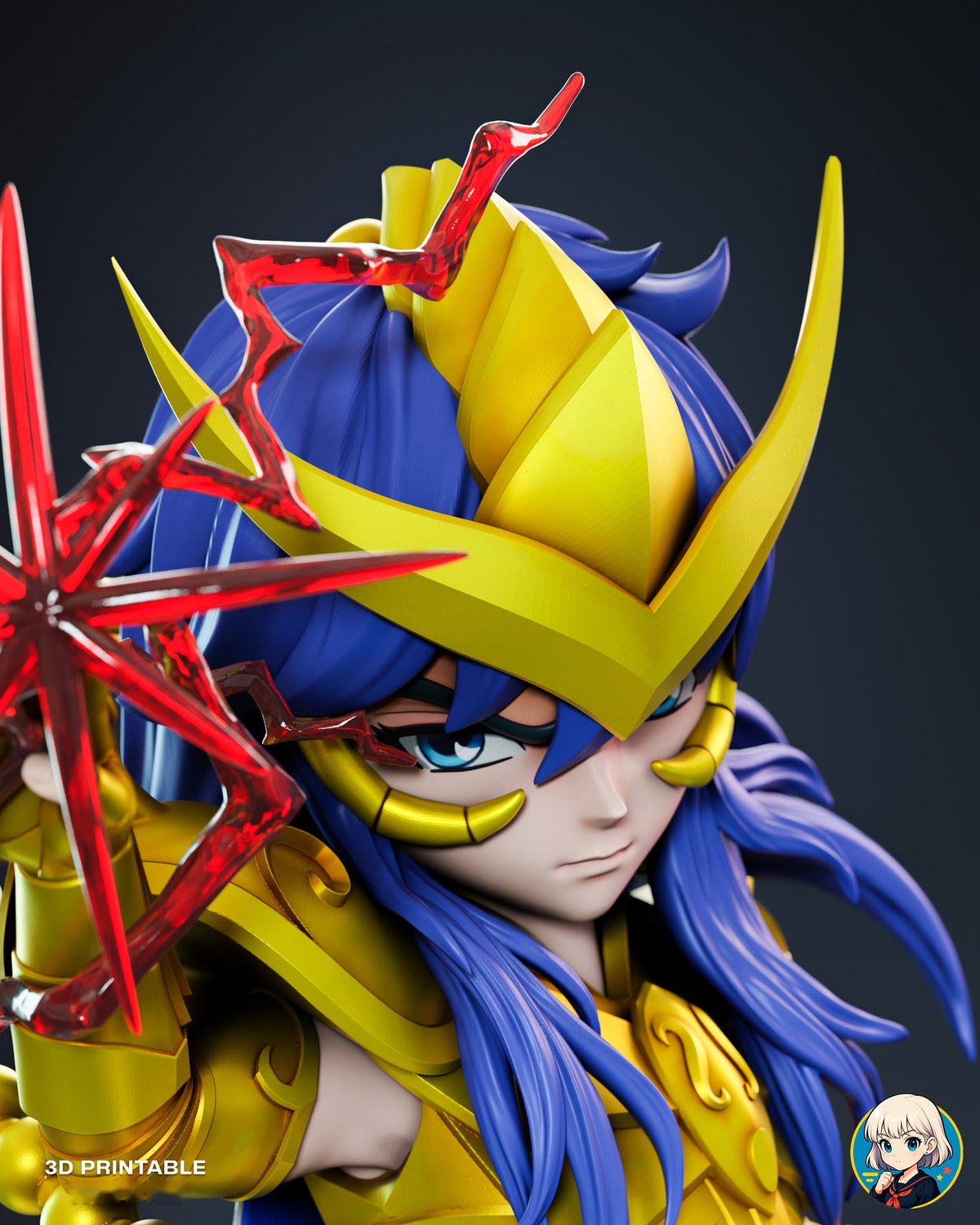 Sculptor's render (kit ships unpainted): close-up of the face under the horned gold helmet with red lightning over the crest