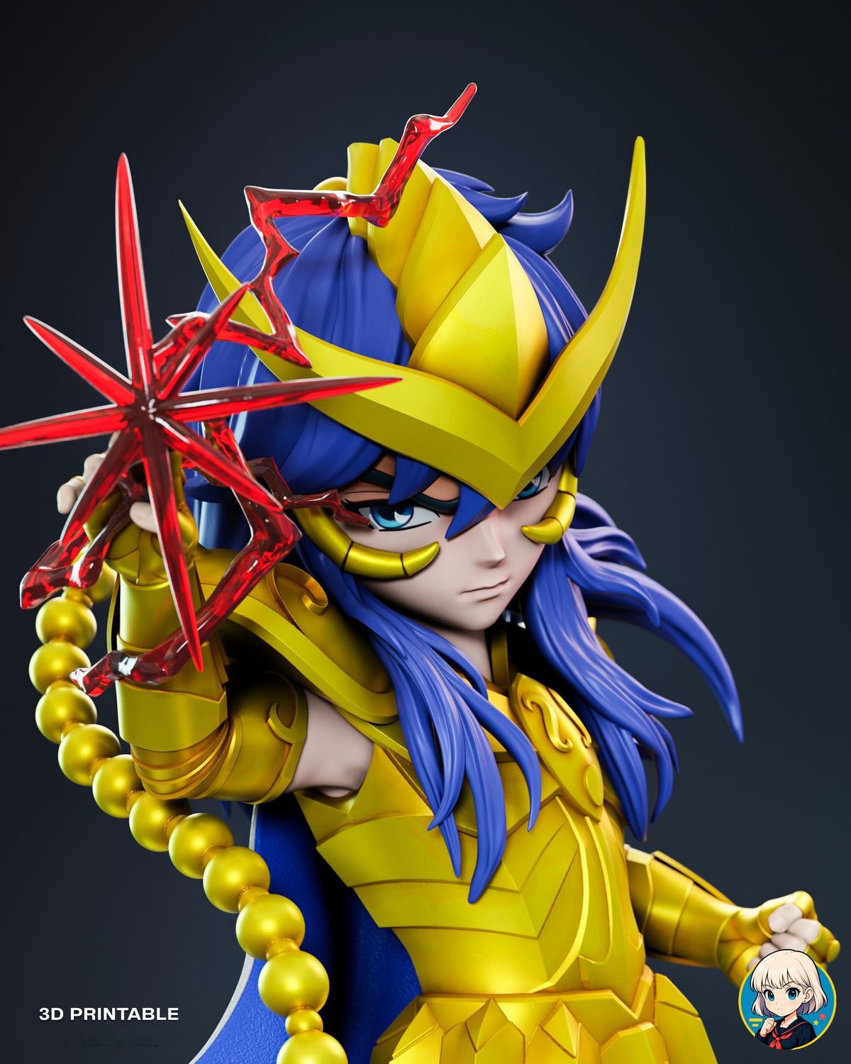 Sculptor's render (kit ships unpainted): close-up of the face and gold chest armor with the raised hand in the red star