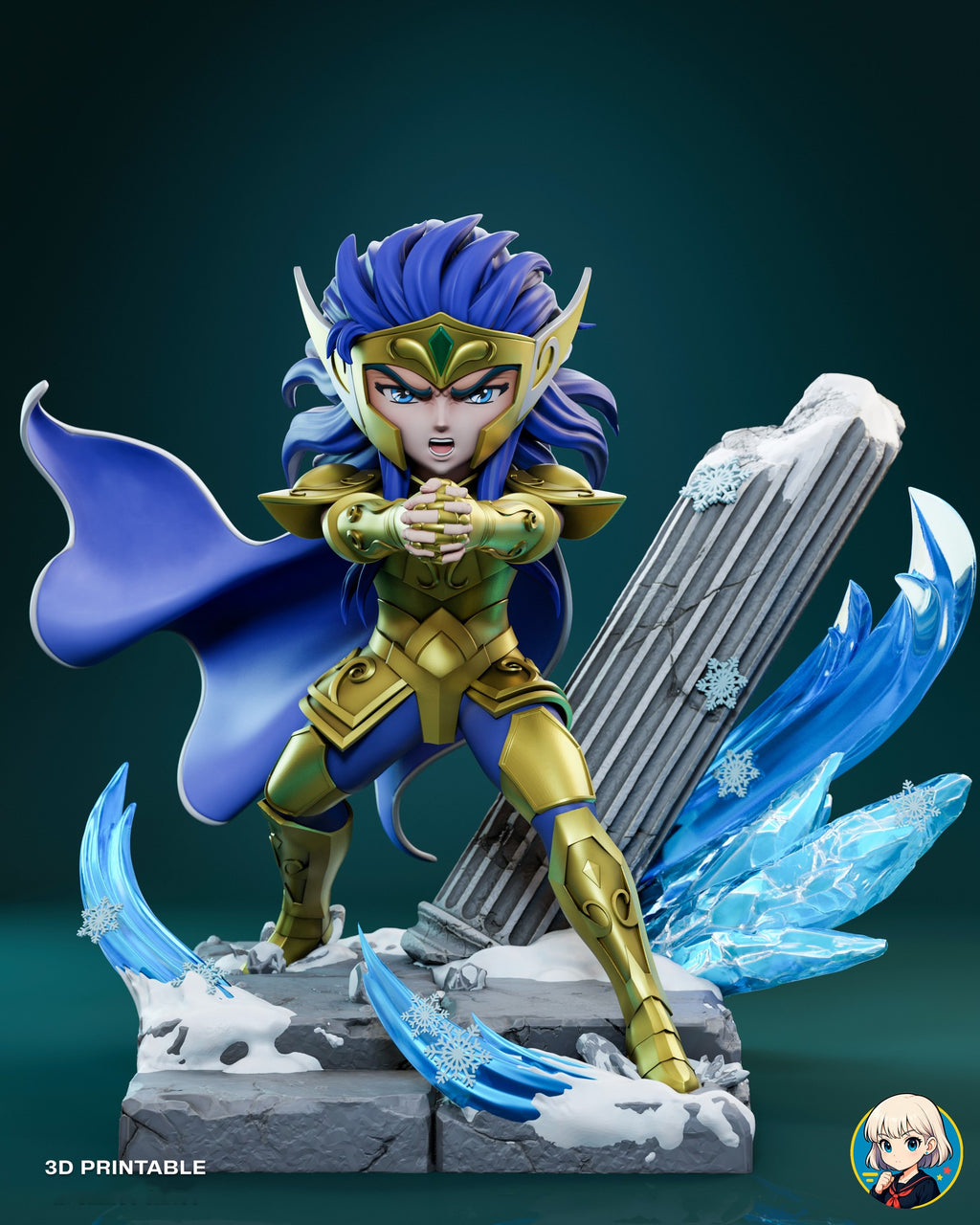 Sculptor's render of the painted design (kit ships unpainted): front view of the whole scene, the gold-armored warrior lunging with clasped hands in front of a broken column, with ice blades and snow on the stone floor