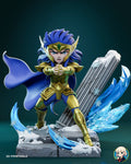 Sculptor's render of the painted design (kit ships unpainted): front view of the whole scene, the gold-armored warrior lunging with clasped hands in front of a broken column, with ice blades and snow on the stone floor