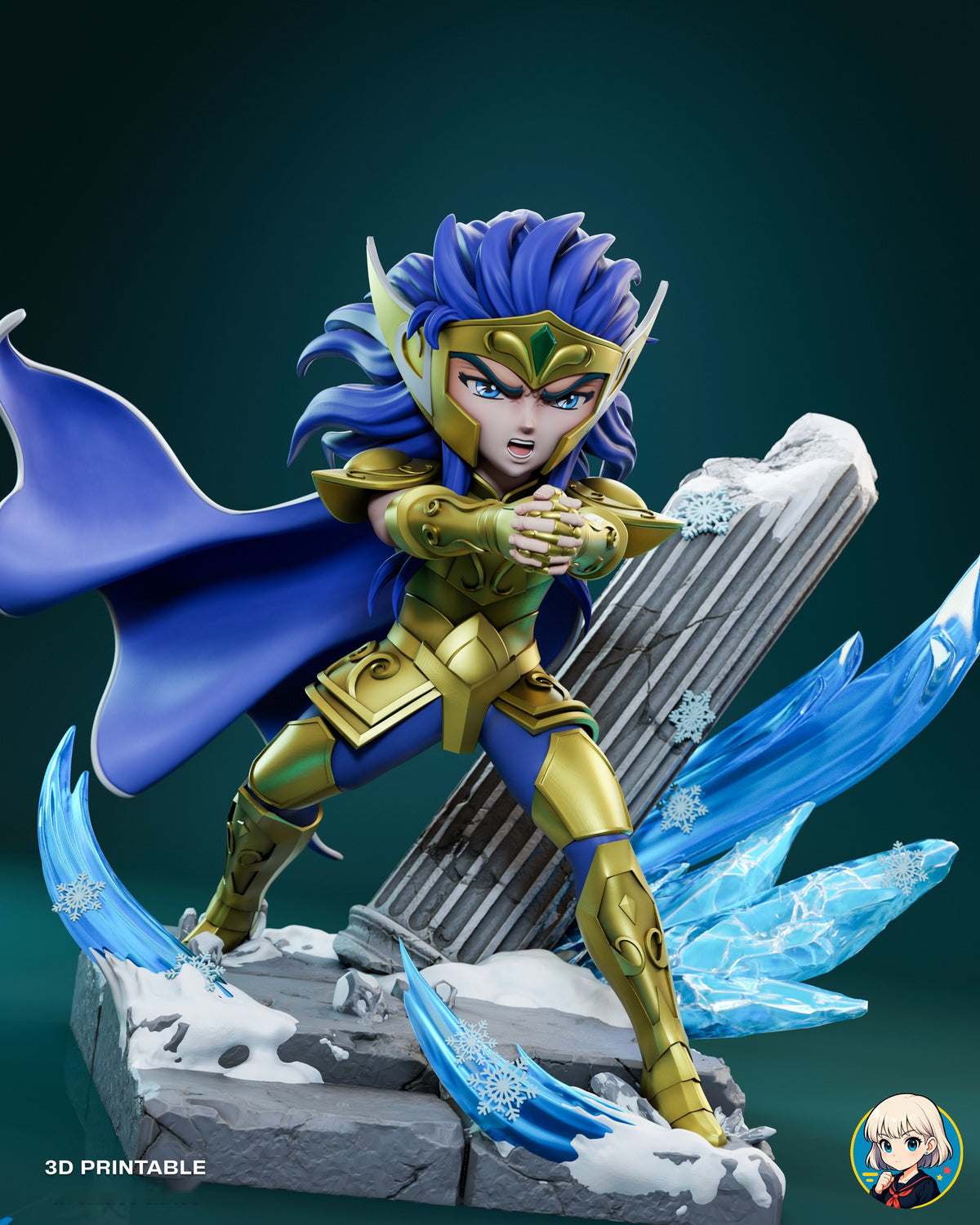 Sculptor's render (kit ships unpainted): front three-quarter view from his right, with a curved ice blade rising from the snow at the front corner