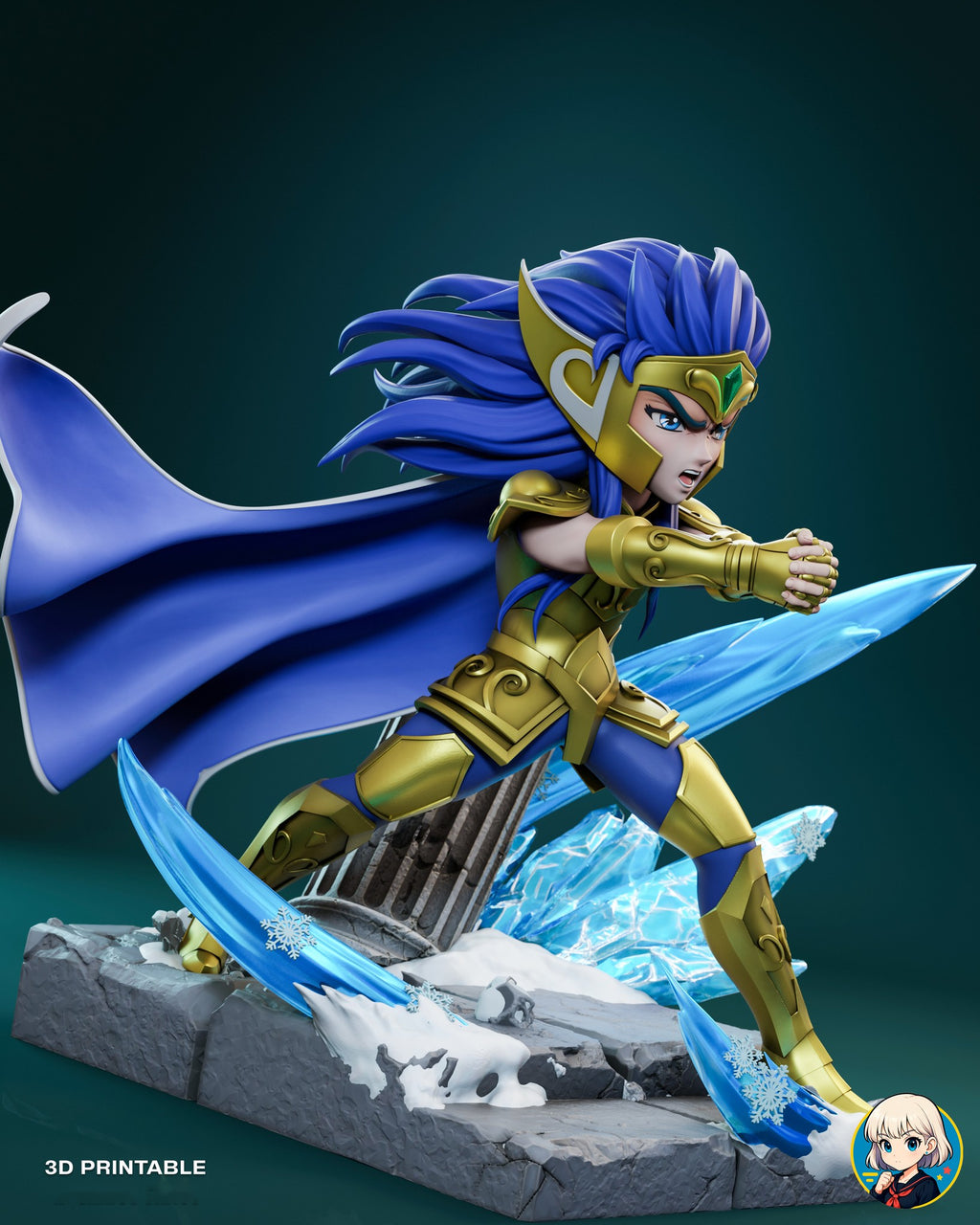 Sculptor's render (kit ships unpainted): three-quarter view with the cape spread out full length and the ice wave running out past his hands